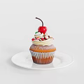 Delicious Cupcake With Whipped Cream Cherry And Colorful Sprinkles On White Plate