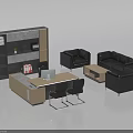 Modern Office Desk With Black Chairs Bookshelf Leather Sofa And Coffee Table
