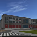 Modern Fire Station Exterior With Red Garage Doors Lawn And Road Design