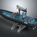 Blue And Black Yacht With Seats And Mechanical Equipment On Stand