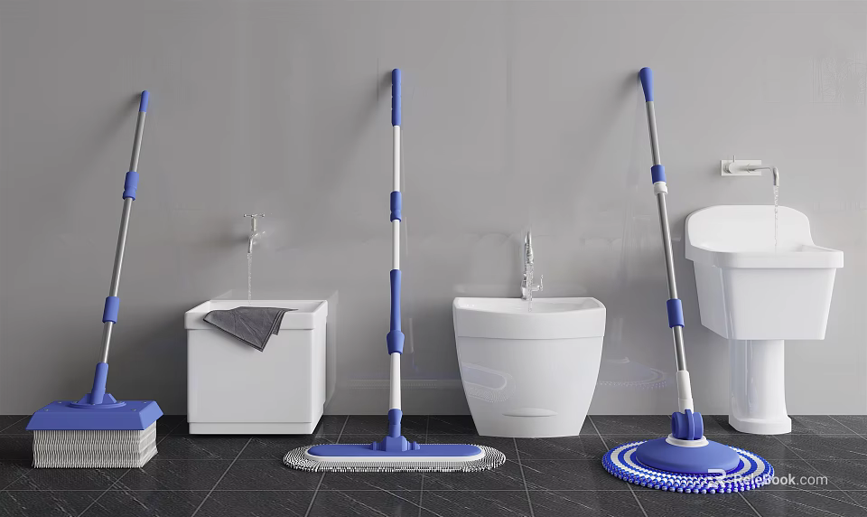 Bathroom Cleaning Tools Setup With Mops Buckets And Washbasins 3d model 