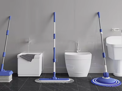 Bathroom Cleaning Tools Setup With Mops Buckets And Washbasins 3d model