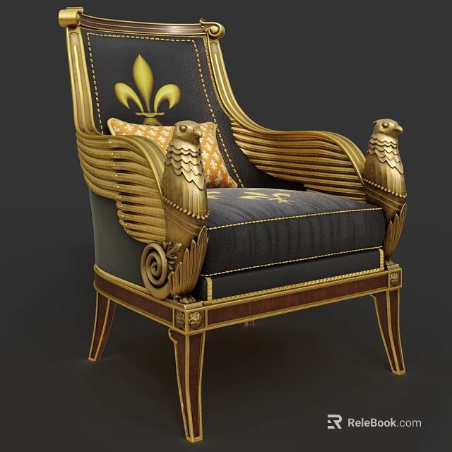 Accent Chair With Golden Eagle Shaped Armrests Navy Blue Upholstery And Gold Fleur De Lis Backrest Pattern 3d model 