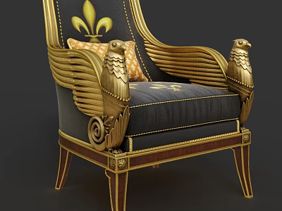 Accent Chair With Golden Eagle Shaped Armrests Navy Blue Upholstery And Gold Fleur De Lis Backrest Pattern 3d model