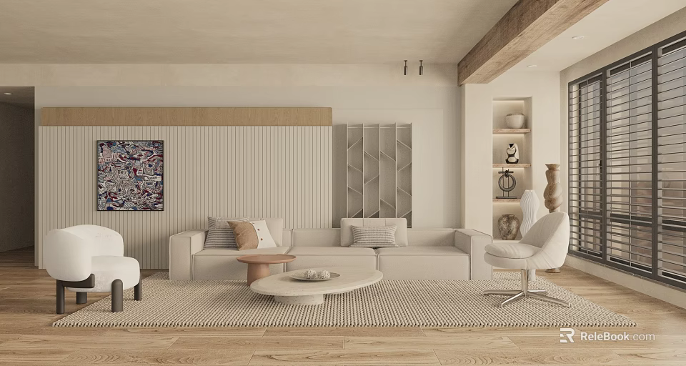 Modern Living Room Interior Design With Beige Sofa Round Coffee Table And Decorative Artwork 3d model 