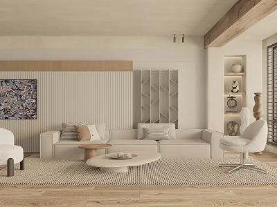 Modern Living Room Interior Design With Beige Sofa Round Coffee Table And Decorative Artwork 3d model