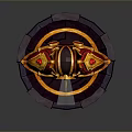 Ornate Mythical Weapon With Red And Gold Fiery Wing Decorations On Purple Orange Circular Platform