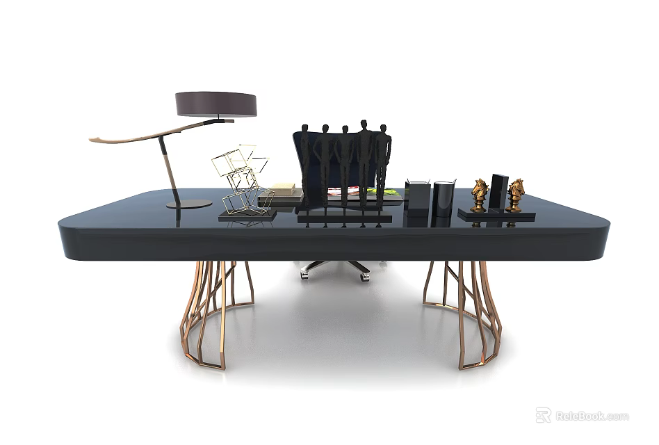 Modern Black Desk With Gold Legs Lamp Geometric Decor And Chair 3d model 