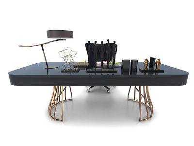 Modern Black Desk With Gold Legs Lamp Geometric Decor And Chair 3d model