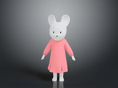 Cute White Rabbit Doll Wearing Pink Dress Against Soft Gray Gradient Background 3d model