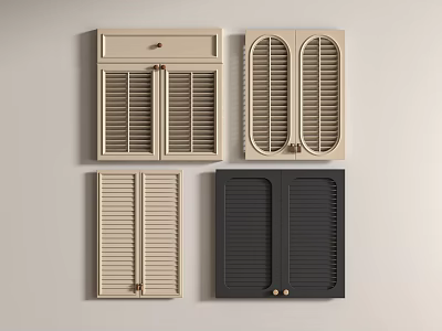 Various Window Shutter Designs in Beige Black with Double Panel Arched and Drawer Styles 3d model
