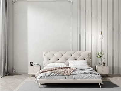 Double Bed With Tufted Headboard Modern Minimalist Style White Beige Linens Bedside Tables Vertical Striped Walls 3d model