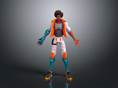 Futuristic 3D Character Model with White Pants Orange Vest and Blue Mechanical Arm 3d model
