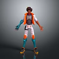 Futuristic 3D Character Model with White Pants Orange Vest and Blue Mechanical Arm