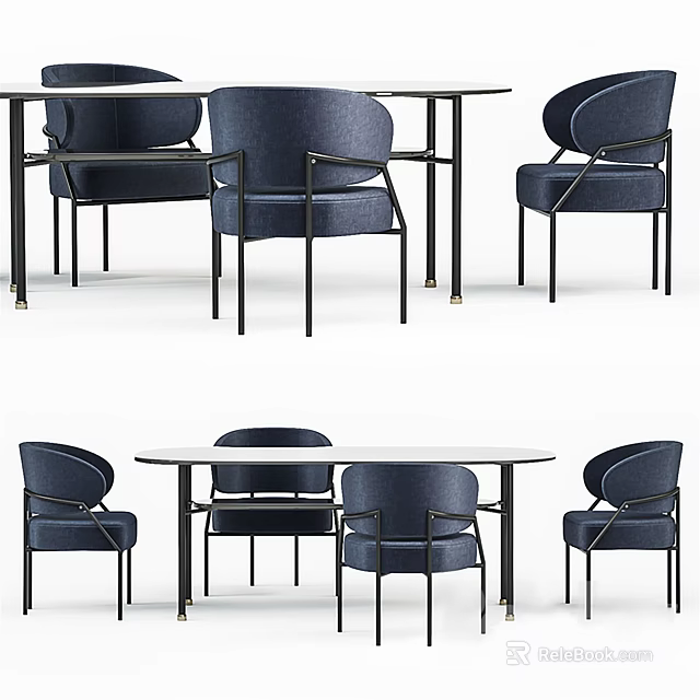 Modern Dining Table Set With Round Table And Navy Blue Metal Frame Chairs 3d model 