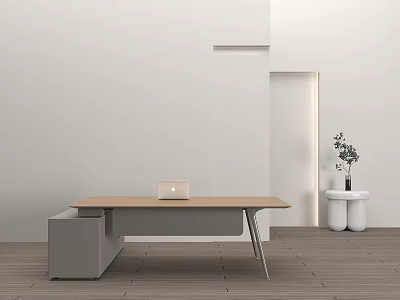 Modern Office Interior With Wooden Desk Laptop White Walls Green Plant And Wooden Floor 3d model
