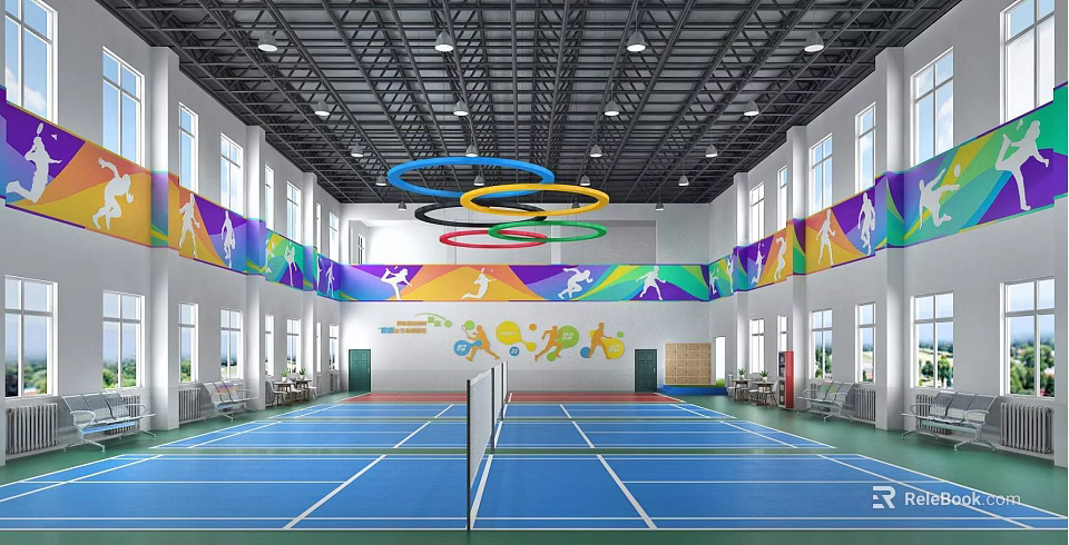 Shoe Bench In Indoor Sports Arena With Colorful Banners And Tennis Court Setup 3d model 