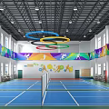 Shoe Bench In Indoor Sports Arena With Colorful Banners And Tennis Court Setup