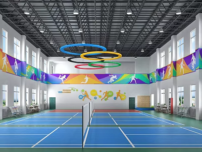 Shoe Bench In Indoor Sports Arena With Colorful Banners And Tennis Court Setup 3d model