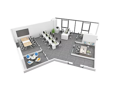 Modern Public Office Space Layout With Open Work Desks Conference Table And Green Plants 3d model
