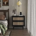 Modern Bedroom with Wooden Headboard Black Rattan Nightstand Green Blanket and White Curtains