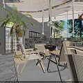 Elegant Modern Restaurant Interior Featuring Green Plants Pendant Lights And Open Dining Layout 3d model