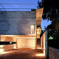 Modern Detached Villa with Concrete Exterior Geometric Design Illuminated Windows Evening View
