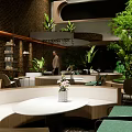 Modern Café Interior With Lush Green Plants Brick Wall Wooden Counter And Green Chairs