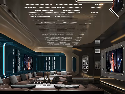 Modern KTV Lounge Interior With Comfortable Sofa LED Screens And Ambient Lighting 3d model