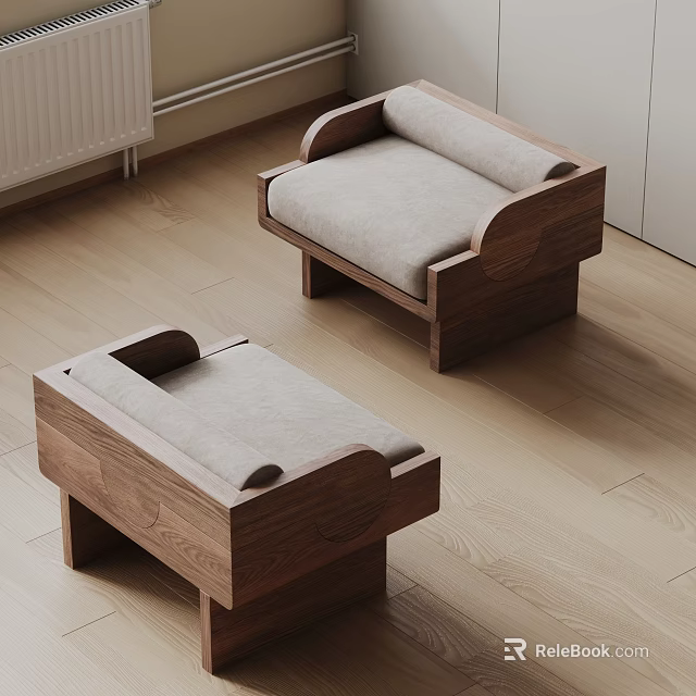 Modern Single Sofa With Wooden Frame And Gray Cushion In Interior Space Design 3d model 
