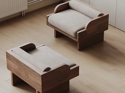Modern Single Sofa With Wooden Frame And Gray Cushion In Interior Space Design 3d model