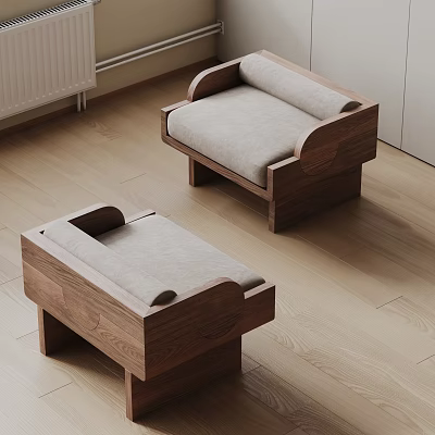 Modern Single Sofa With Wooden Frame And Gray Cushion In Interior Space Design 3d model