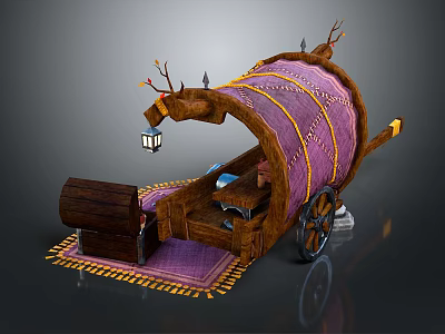 Ornate Vintage Carriage With Purple Canopy Yellow Ropes Wooden Wheels And Hanging Lantern 3d model