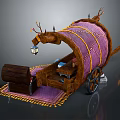 Ornate Vintage Carriage With Purple Canopy Yellow Ropes Wooden Wheels And Hanging Lantern