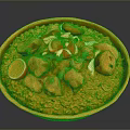Delicious Chicken And Rice Dish In Yellow Bowl With Boiled Egg And Coriander