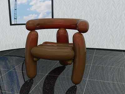 Unique Brown Curved Armrests Accent Chair In Bright Room With Window And Black Tiled Floor 3d model