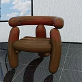 Unique Brown Curved Armrests Accent Chair In Bright Room With Window And Black Tiled Floor