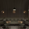 Modern Café Interior With Dark Wooden Walls Curved Green Sofas Pendant Lights And City View