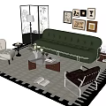 Stylish Green Leather Sofa Coffee Table Set With Armchair Wall Art And Patterned Rug