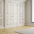 Classical White Double Doors With Carved Details Symmetrical Wall Panels And Light Wooden Flooring