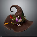 Wizard's Magical Hat Adorned With Small Creatures Cat Mushroom Herbs Feather And Bone