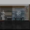 Traditional Chinese Cultural Exhibition Hall With Scholar Statue Landscape Painting And Calligraphy