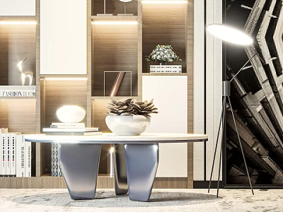 Modern Coffee Table With Metal Legs Marble Top And Potted Plant In Living Room 3d model