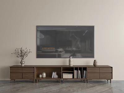 Modern Wooden TV Stand with TV Decorative Vase Books and Ornaments 3d model