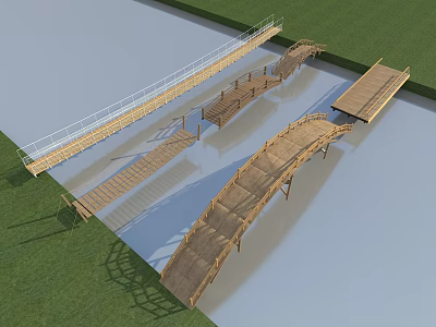 Various Wooden Bridges Over Water With Grassy Surroundings And Railings 3d model