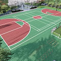 Outdoor Basketball Court with Green and Red Surface White Lines and Surrounding Trees