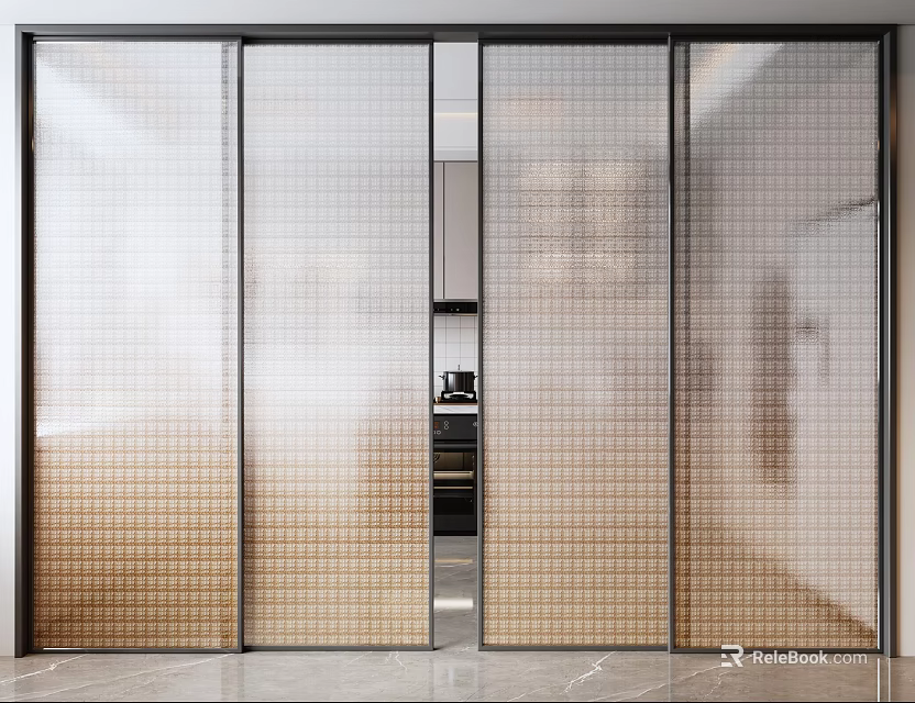 Modern Interior Sliding Doors with Grid Pattern Glass as Space Divider 3d model 