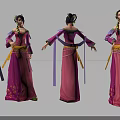 Game and Movie Character in Pink Purple Traditional Costume With Yellow Sash Multiple Angles View