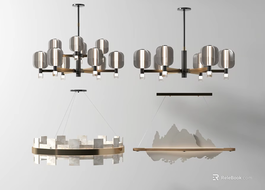 Various Modern Chandelier Designs With Metal Frames Glass Shades And Artistic Shapes 3d model 