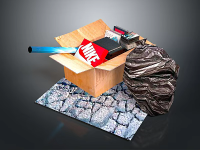 Open Cardboard Box with Nike Box Black Trash Bag on Cracked Mat 3d model
